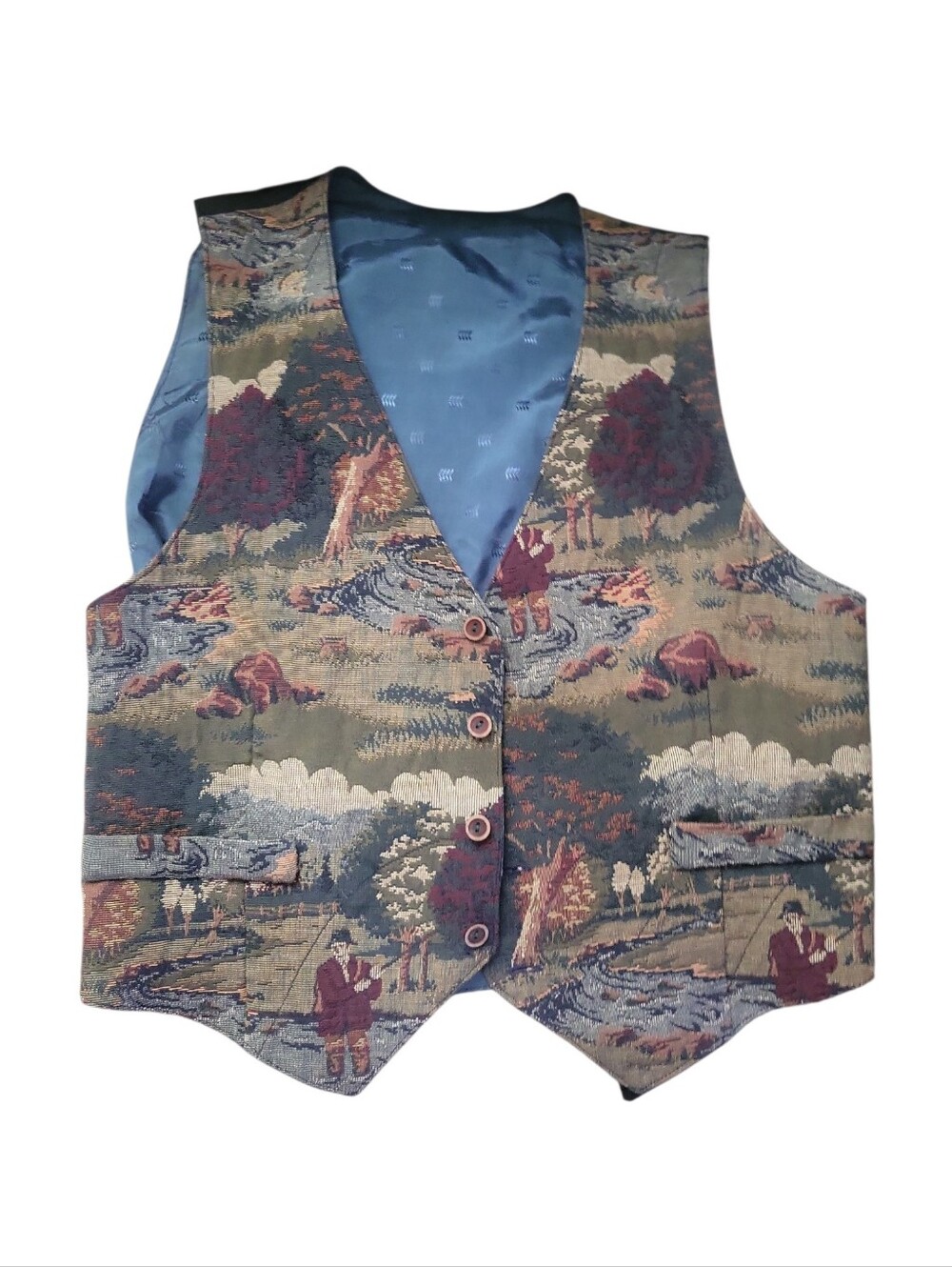 Vintage Fly Fisherman Scenic Tapestry Vest M/L